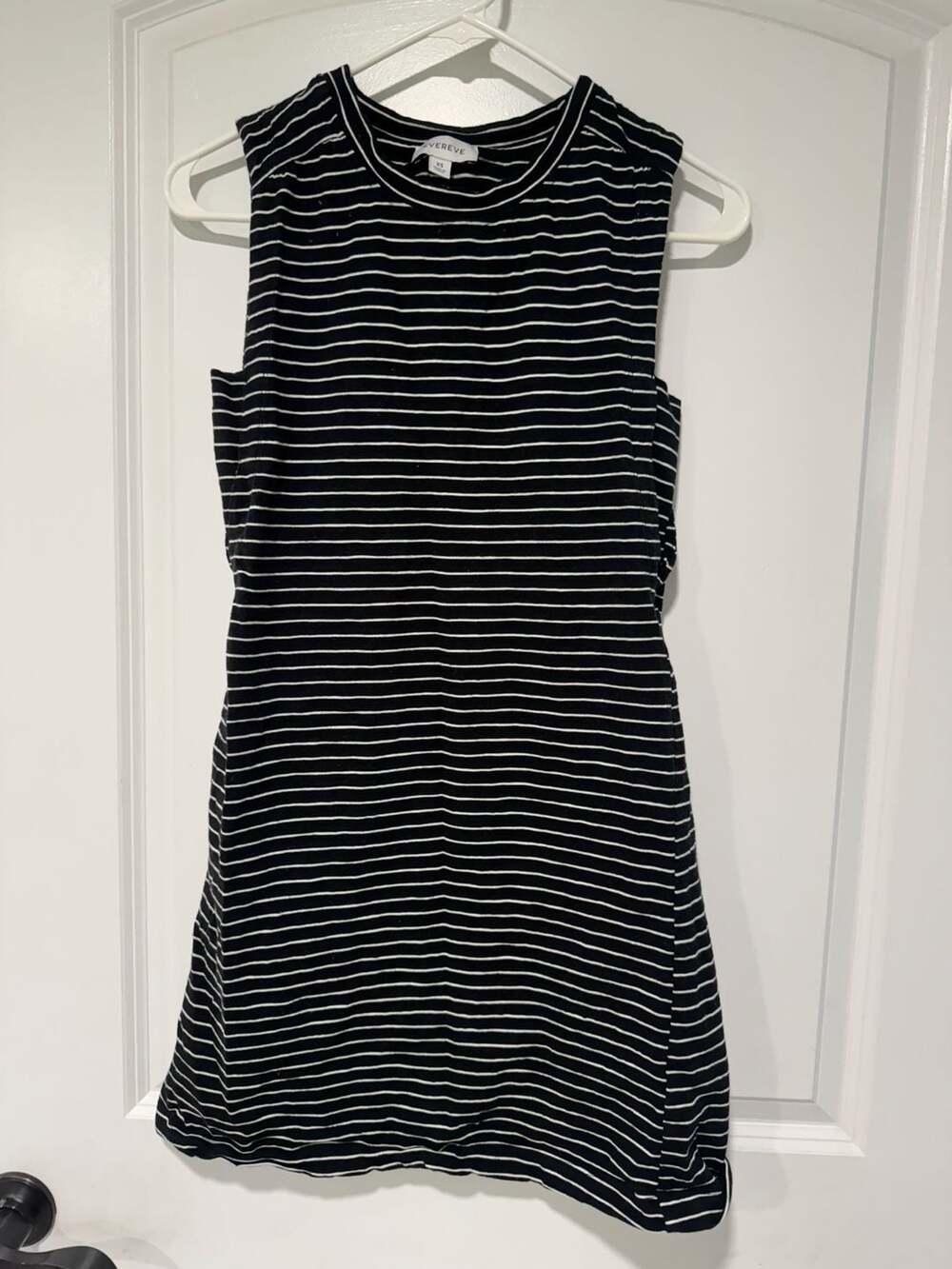 Washed Black White Striped Sleeveless Swing Mini Dress Casual Coastal Women’s XS